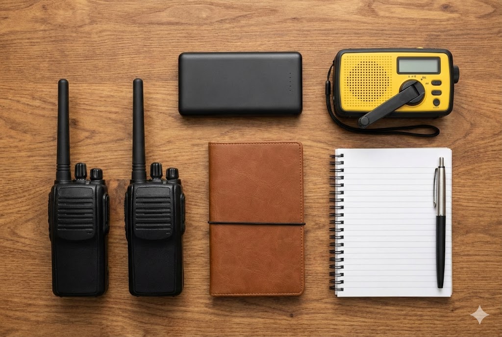 Ein Flatlay-Foto zeigt ein Notfall-Kommunikationsset auf Holzboden, bestehend aus zwei Funkgeräten, Powerbank, Kurbelradio und Notizbuch.