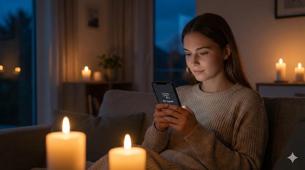 Eine junge Frau sitzt bei Kerzenschein in einem Wohnzimmer und schaut ruhig auf ihr Smartphone, das "Kein Signal" anzeigt, symbolisch für einen Stromausfall.