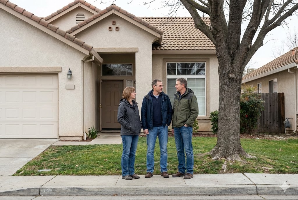 : Familie steht gemeinsam am vereinbarten Treffpunkt vor dem Hauseingang.