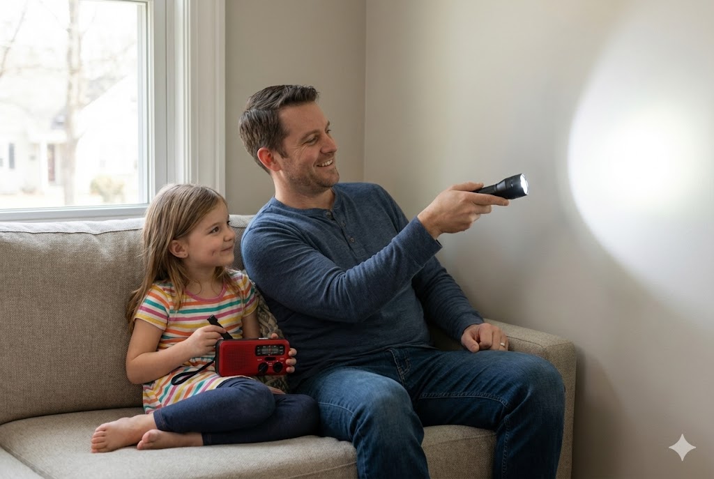 Vater und Tochter testen spielerisch die Taschenlampe für den Notfallplan.