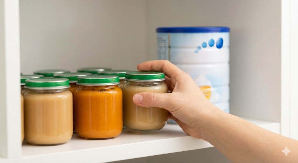 Vorrat an Babynahrung und Milchpulver im Regal