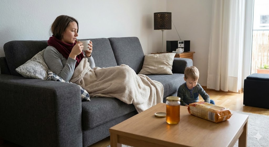 Mutter mit Erkältung auf dem Sofa, versorgt durch Lebensmittelvorrat.