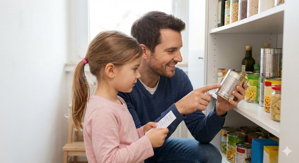 notvorrat familie rotation check Vater und Tochter prüfen gemeinsam die Haltbarkeit der Vorräte im Keller.