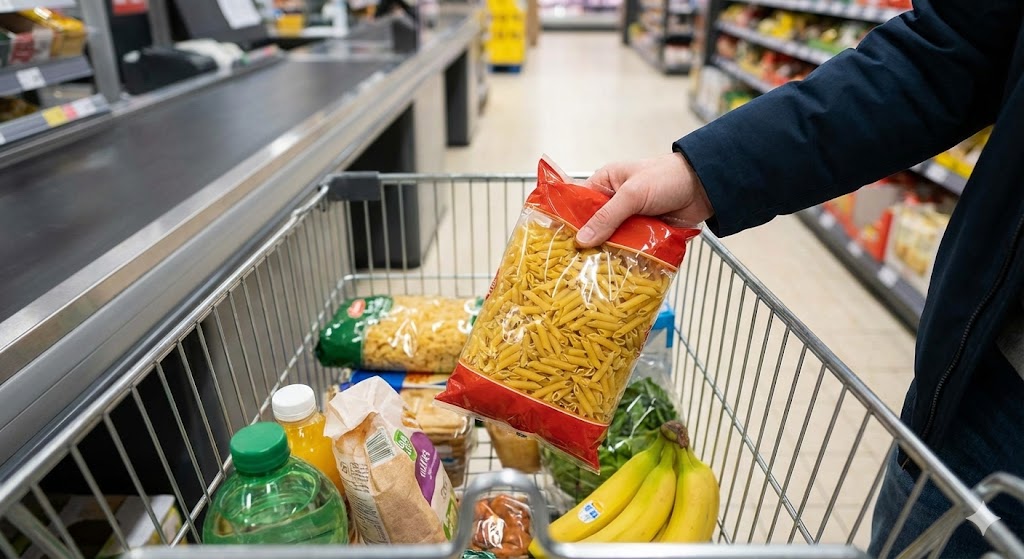 Einkaufen für den Notvorrat: Eine Packung Nudeln extra in den Wagen legen.