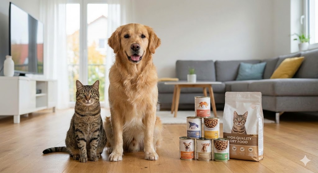 Hund und Katze sitzen entspannt vor einem gut sortierten Futtervorrat in einem Wohnzimmer.