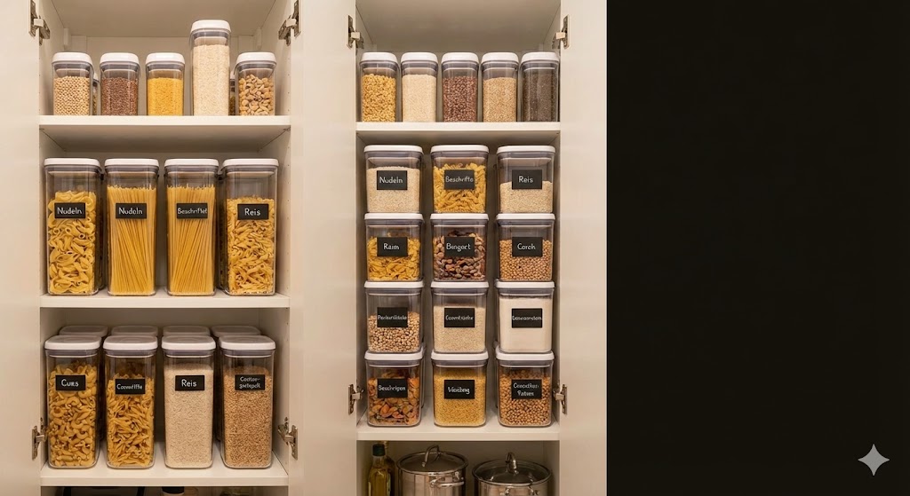 Platzsparende Lagerung von Lebensmitteln im Küchenschrank.