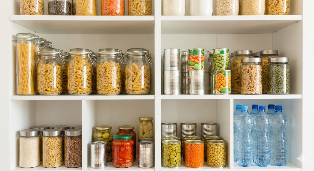 Ein gut organisierter Vorratsschrank in einem hellen deutschen Haushalt mit Nudeln, Gläsern und Wasser.