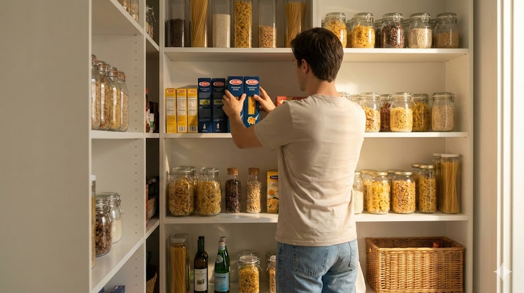 Eine gut organisierte Speisekammer in einem deutschen Haushalt, in der Vorräte nach dem FIFO-Prinzip eingeräumt werden.