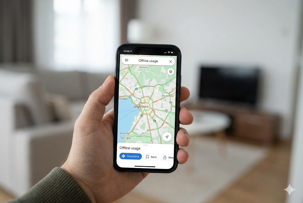 Eine Hand hält ein Smartphone, auf dessen Bildschirm eine geöffnete Karten-App im Offline-Modus zu sehen ist.