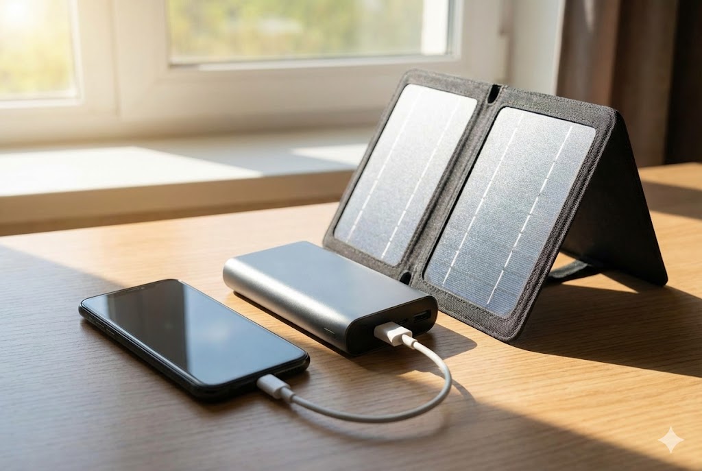 Ein Smartphone wird von einer Powerbank geladen, die wiederum an ein kleines, faltbares Solarpanel auf einem Holztisch angeschlossen ist.