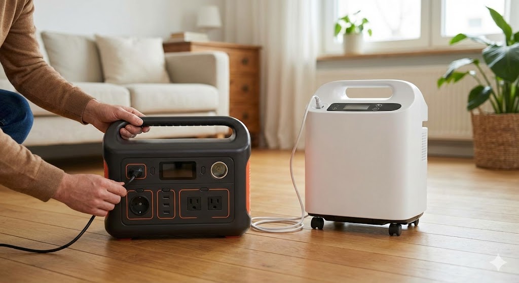 Eine Person schließt ein medizinisches Gerät (Sauerstoffkonzentrator) an eine tragbare Powerstation auf dem Fußboden an.