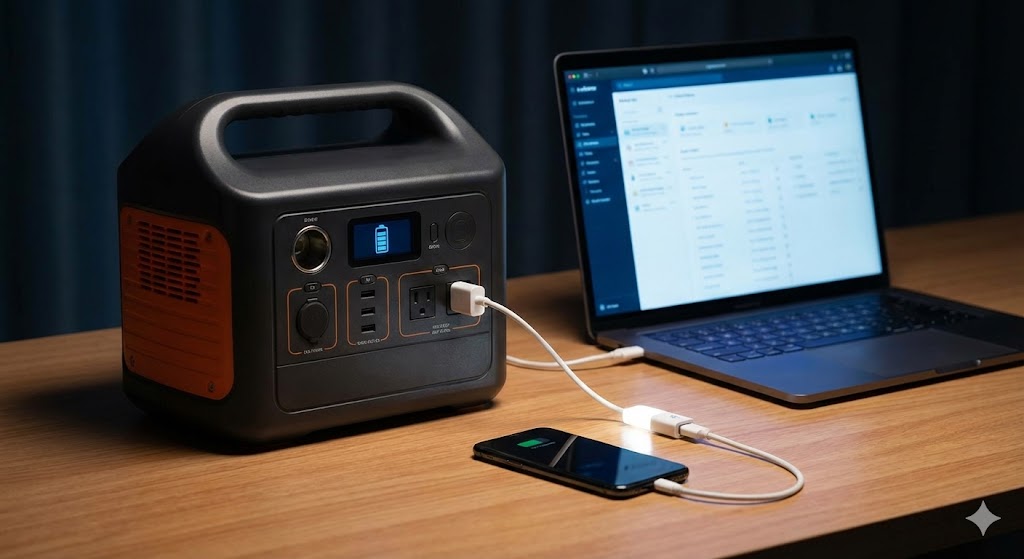 Eine moderne Powerstation auf einem Holztisch lädt Laptop und Smartphone während eines Stromausfalls auf.
