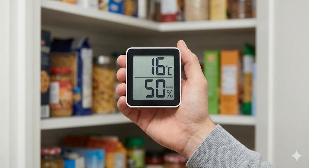 raumklima kontrolle notvorrat Hand hält ein Thermo-Hygrometer zur Kontrolle von Temperatur und Luftfeuchtigkeit im Notvorrat-Lager.