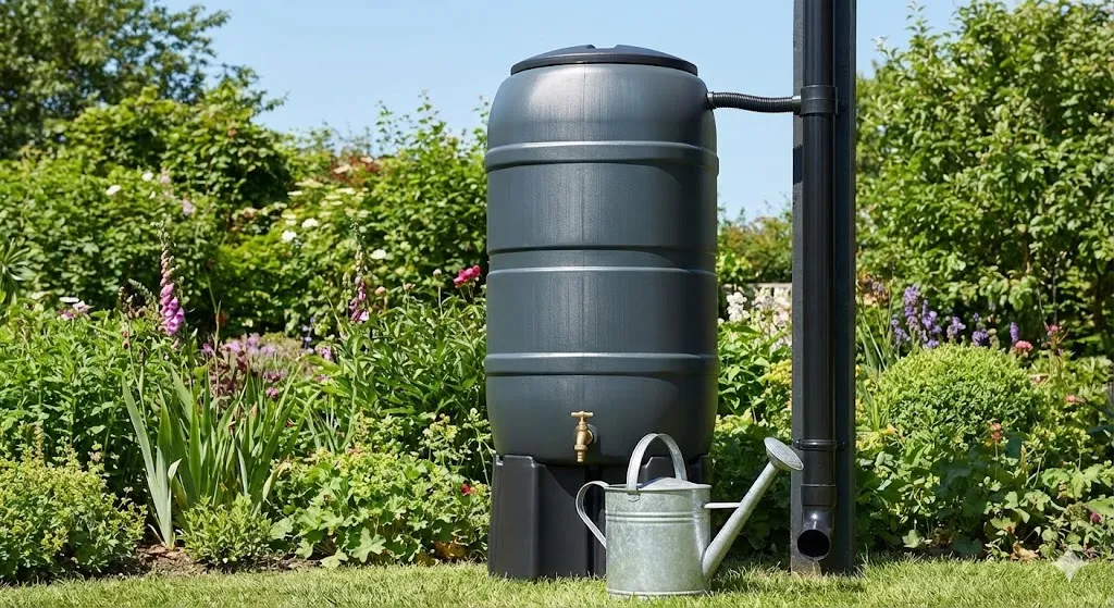 regenwassertonne garten alternative wasserquelle Eine moderne dunkelgraue Regentonne im grünen Garten, angeschlossen an ein Fallrohr, mit einer Metall-Gießkanne davor.