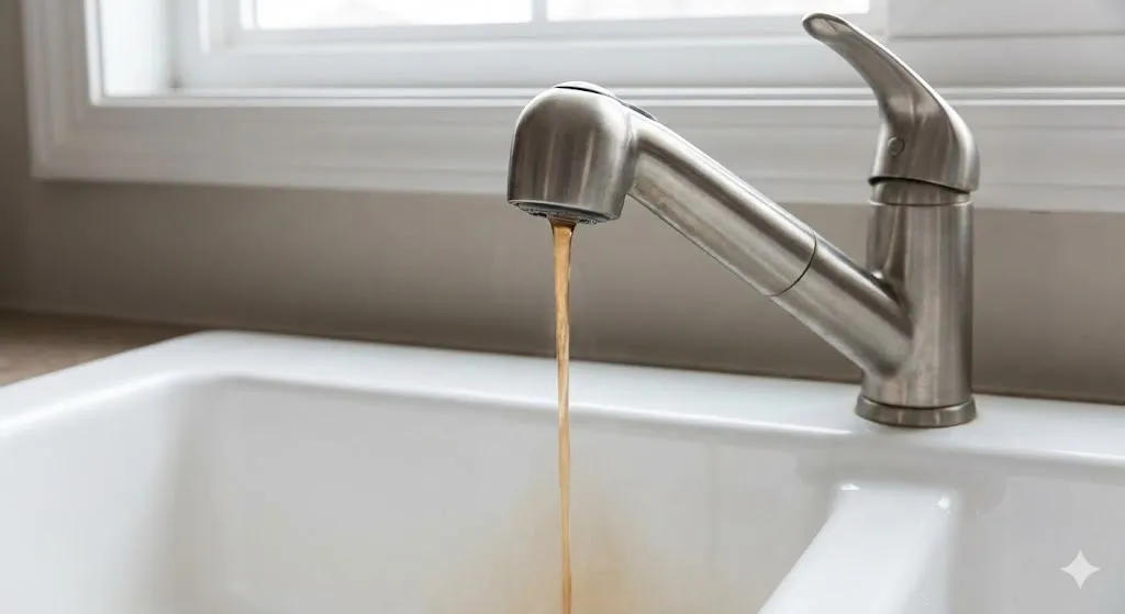 rohrbruch rostiges wasser wasserhahn Aus einem modernen Küchenwasserhahn fließt bräunliches, trübes Wasser in ein weißes Waschbecken.