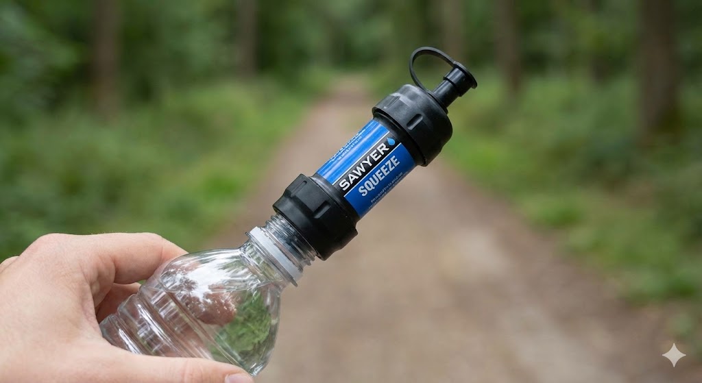 Der Sawyer Squeeze Wasserfilter montiert auf einer herkömmlichen PET-Flasche.
