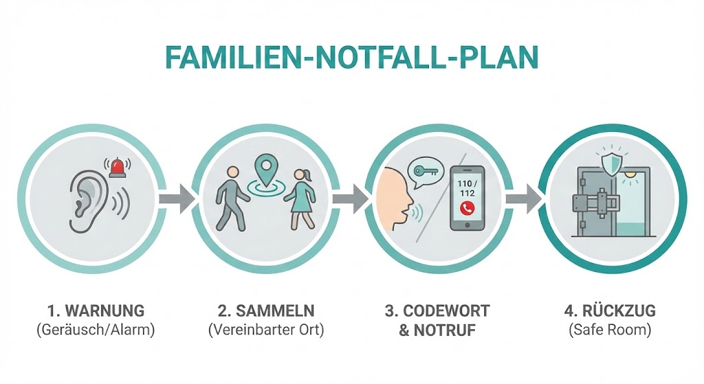 Infografik Familien-Notfall-Plan: Warnung, Sammeln, Codewort, Rückzug in 4 Schritten.