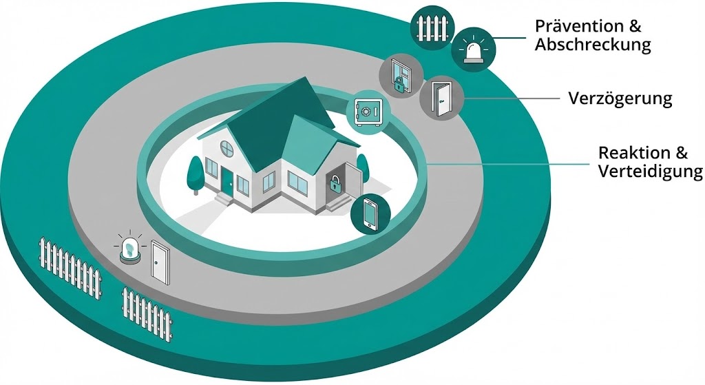 Infografik Zwiebel-Prinzip: Prävention, Verzögerung und Reaktion als Schutzschichten.