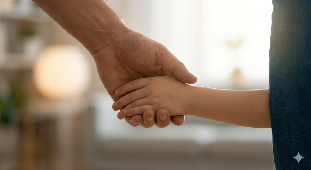 Vater hält schützend die Hand seines Kindes – Symbol für Sicherheit und Vertrauen.