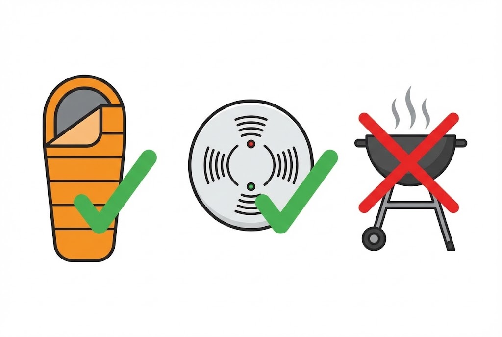 Infografik Sicherheit: Schlafsack und CO-Melder sind okay, Grillen im Haus verboten.