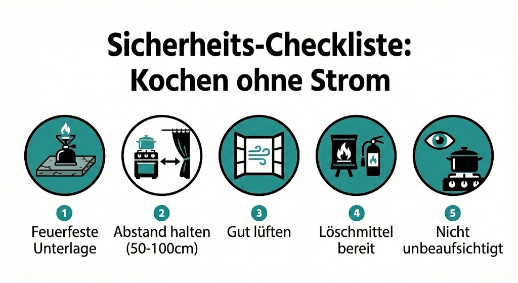 sicherheits checkliste kochen ohne strom infografik Infografik: Sicherheits-Checkliste für das Kochen ohne Strom (Unterlage, Abstand, Lüften, Löschmittel, Beaufsichtigung)