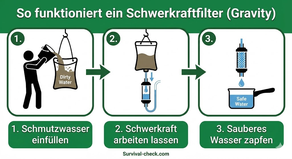 Schritt-für-Schritt-Infografik zur Funktionsweise eines Schwerkraftwasserfilters (Gravity Filter).