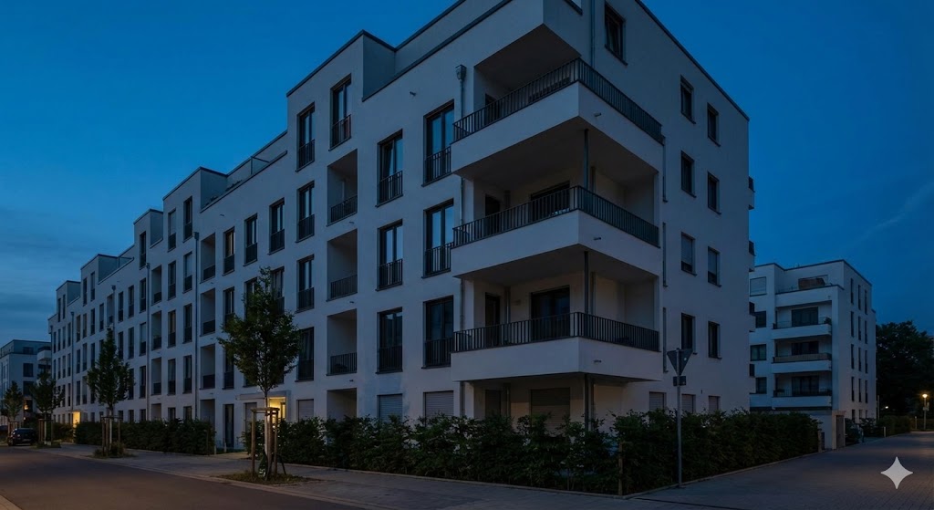 Mehrfamilienhaus bei Stromausfall, dunkle Fenster, friedliche Stimmung.