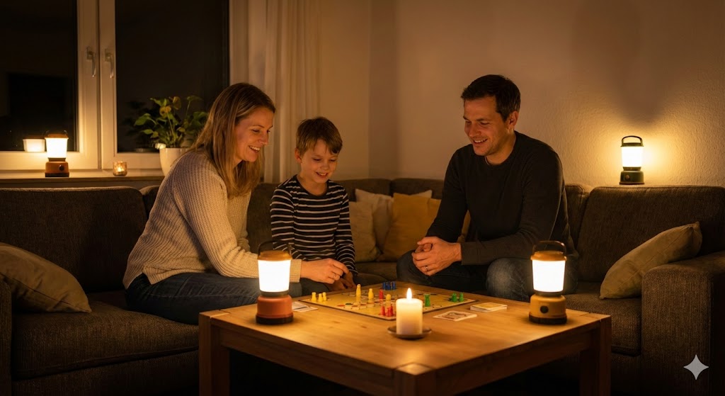 Familie spielt entspannt ein Brettspiel bei LED-Laternenlicht während eines Stromausfalls.