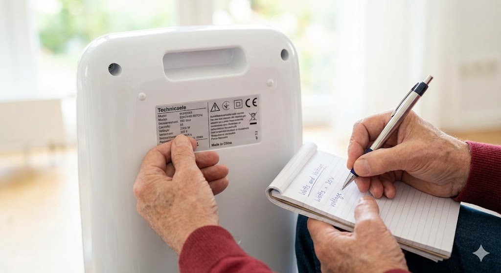 Nahaufnahme von Händen, die das Typenschild eines weißen medizinischen Geräts lesen und Daten auf einen Notizblock schreiben.