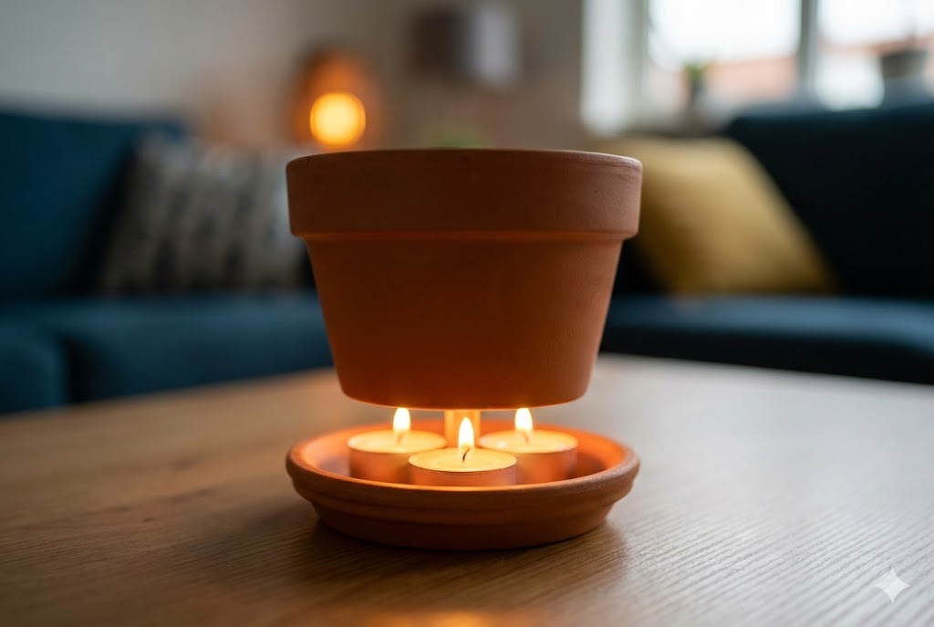 Ein selbstgebauter Teelichtofen aus Tontöpfen spendet warmes Licht auf dem Tisch.