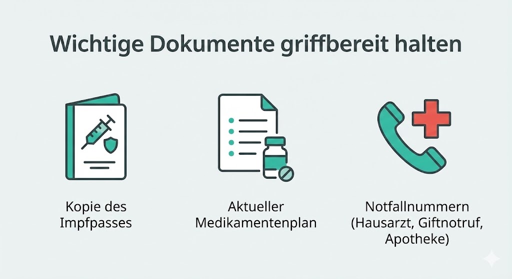 Eine übersichtliche Darstellung der drei wichtigsten Dokumente, die im Notfall schnell zur Hand sein sollten: Impfpass-Kopie, aktueller Medikamentenplan und eine Liste mit Notfallnummern.