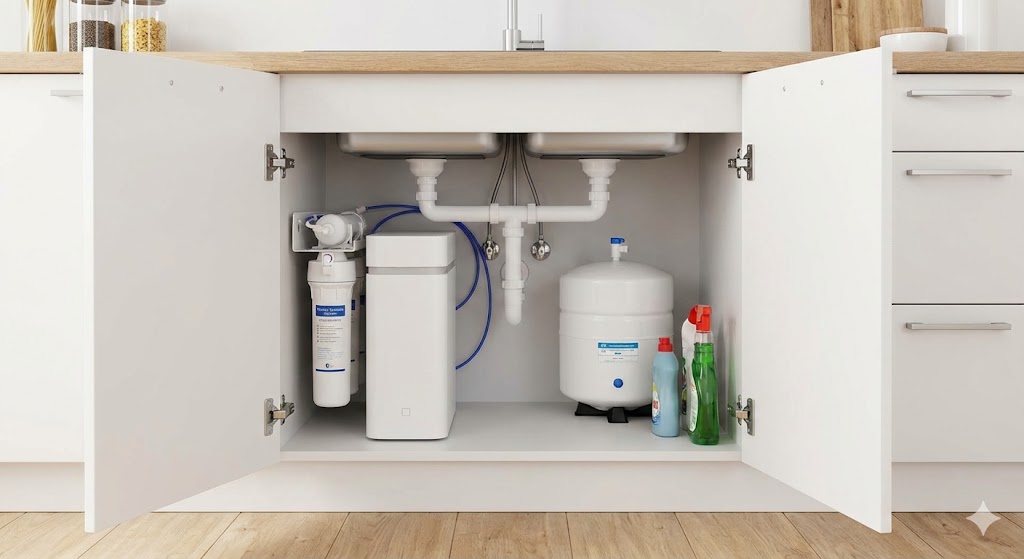 Installierte Untertisch-Osmoseanlage in einem ordentlichen Küchenschrank.
