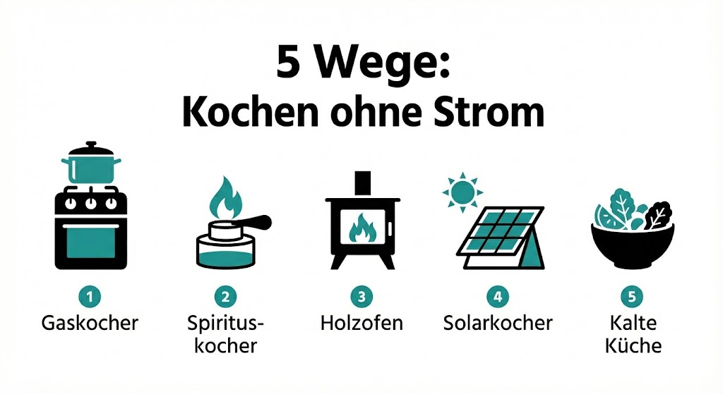 vergleich kochmethoden ohne strom infografik v2 Infografik: Vergleich von 5 Methoden zum Kochen ohne Strom (Gas, Spiritus, Holz, Solar, Kalt).