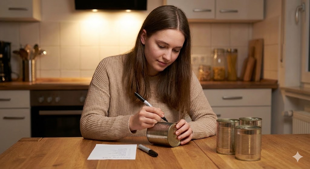 Eine junge Frau beschriftet am Küchentisch eine Konservendose mit dem Mindesthaltbarkeitsdatum.