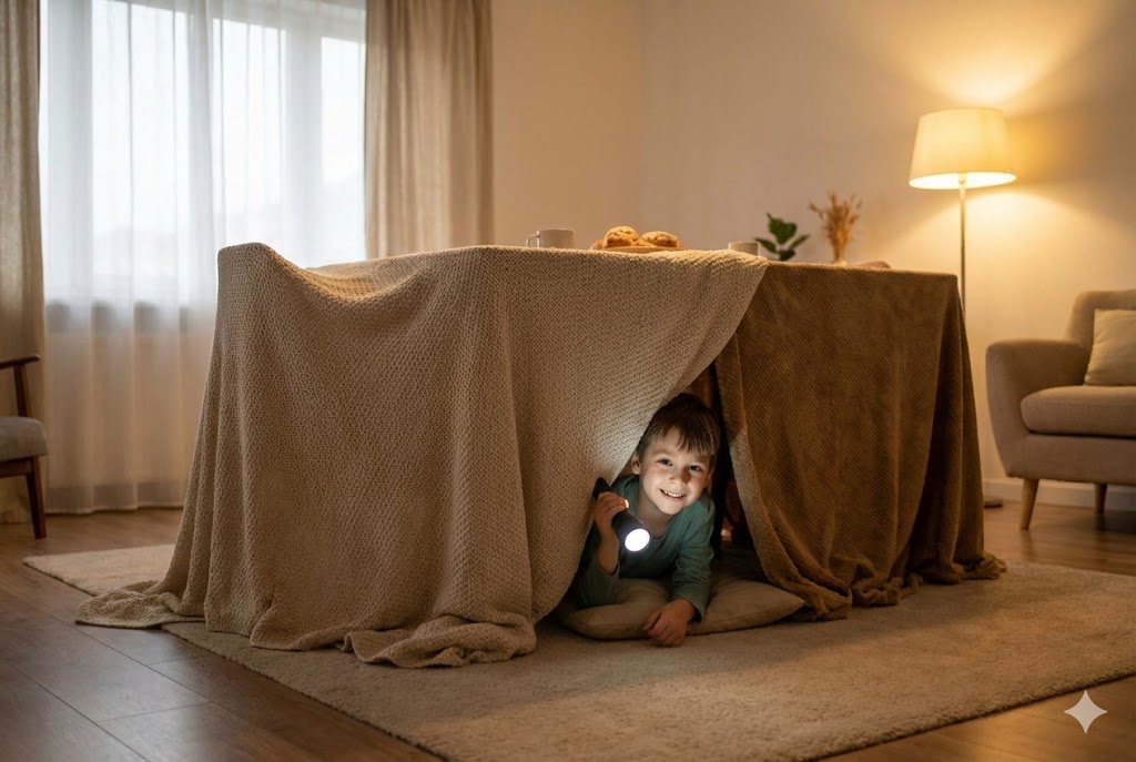 Ein mit Decken verhangener Esstisch dient als Wärmezelt im Wohnzimmer.