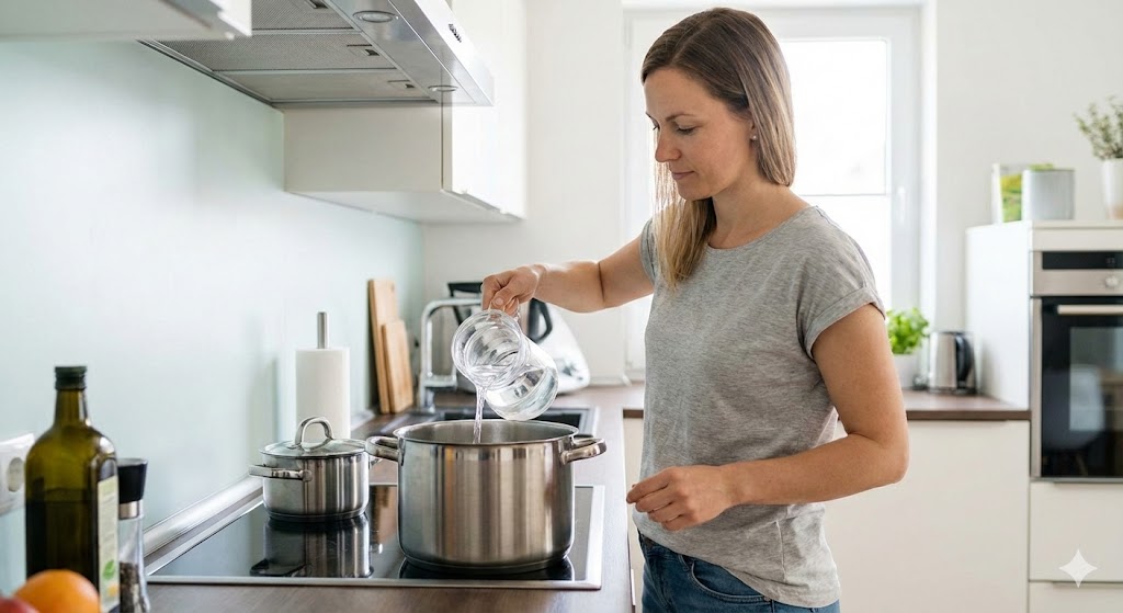 Eine Frau bereitet in einer hellen Küche Wasser in einem Topf zum Abkochen vor.