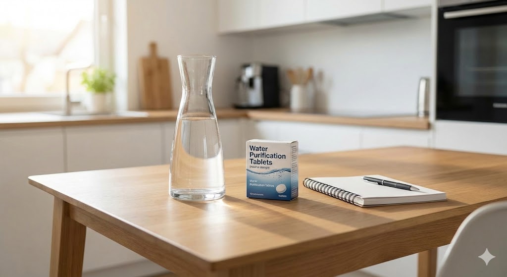 Glas-Karaffe mit Wasser und Desinfektionstabletten auf einem hellen Küchentisch – Vorsorge ohne Panik.