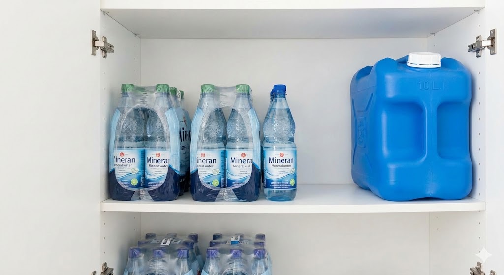 Organisierte Wasservorsorge in einem hellen Vorratsschrank mit Flaschen und Kanistern.