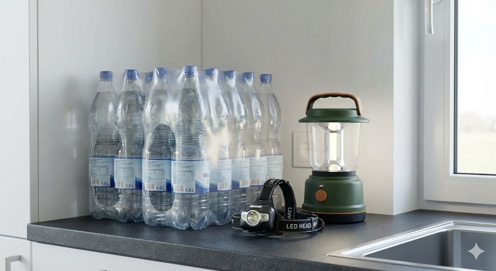 wasser licht vorrat krisenvorsorge Vorrat an Wasserflaschen und LED-Lampen in einer deutschen Küche.