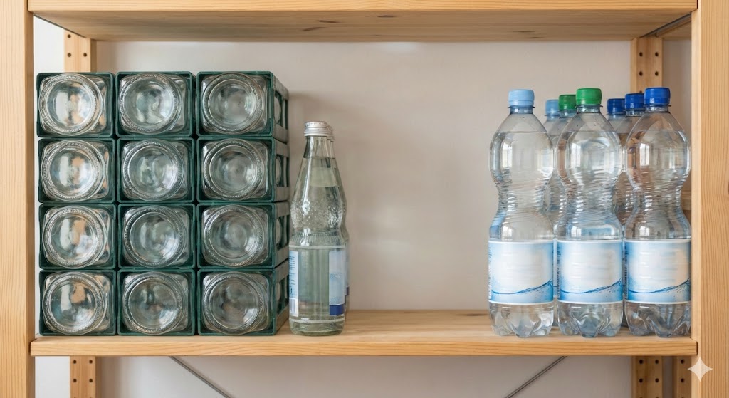 Vorrat an Mineralwasserkisten in einer ordentlichen, hellen Vorratskammer eines deutschen Haushalts.