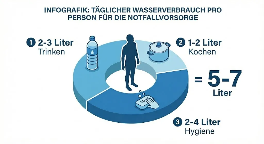 wasserbedarf pro person tag diagramm de Diagramm zum täglichen Wasserbedarf pro Person: Aufteilung in Trinken, Kochen und Hygiene.