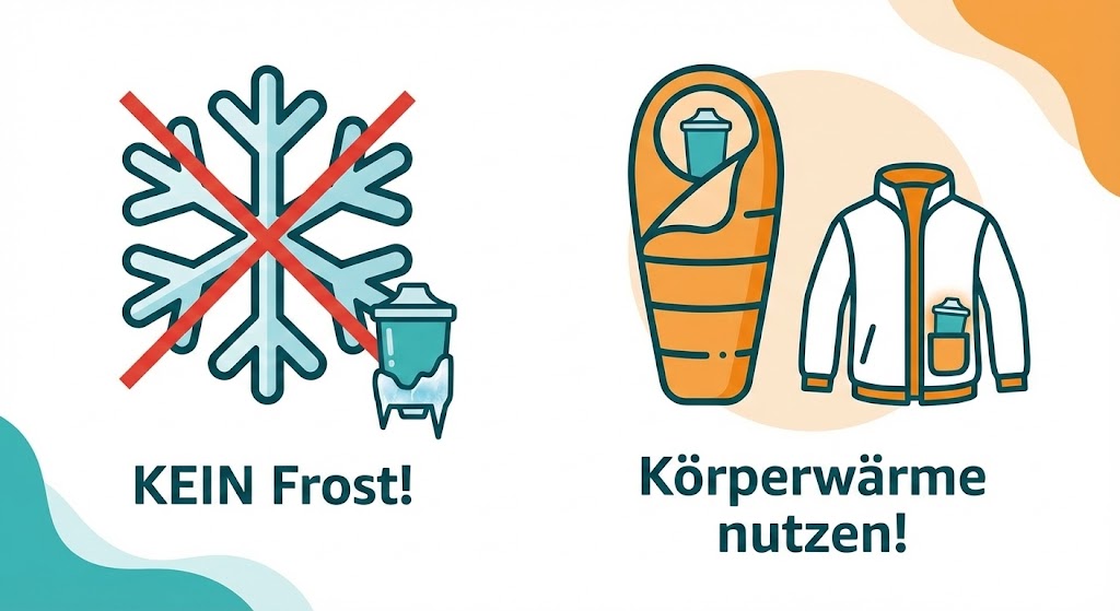 Infografik: Wasserfilter im Winter vor Frost schützen (Jackentasche und Schlafsack).