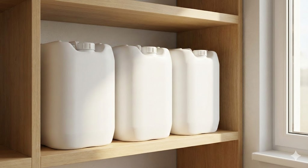 Drei weiße Trinkwasserkanister stehen ordentlich auf einem Holzregal in einem hellen Vorratsraum.