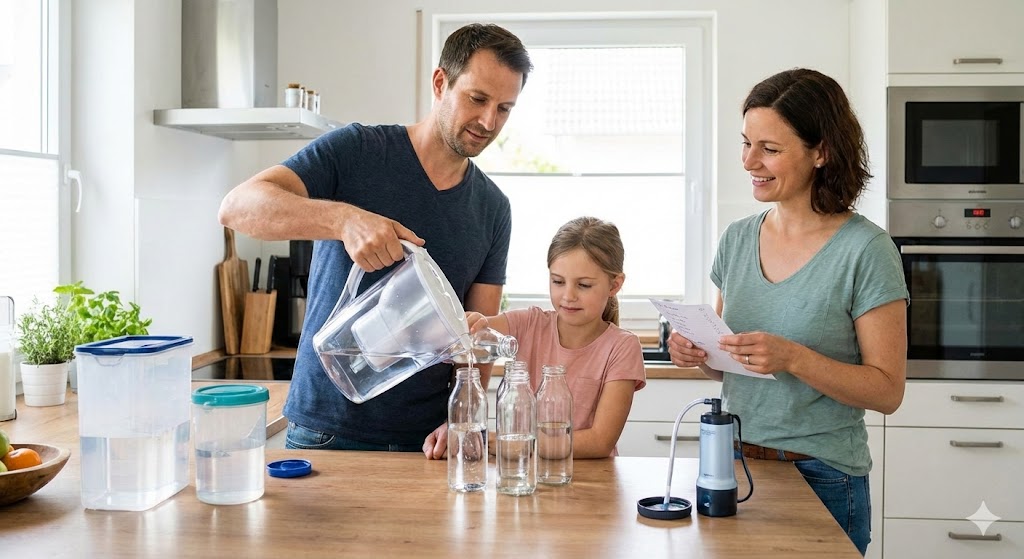 Eine Familie in einer hellen deutschen Küche füllt gefiltertes Trinkwasser ruhig in Glasflaschen für die Krisenvorsorge.