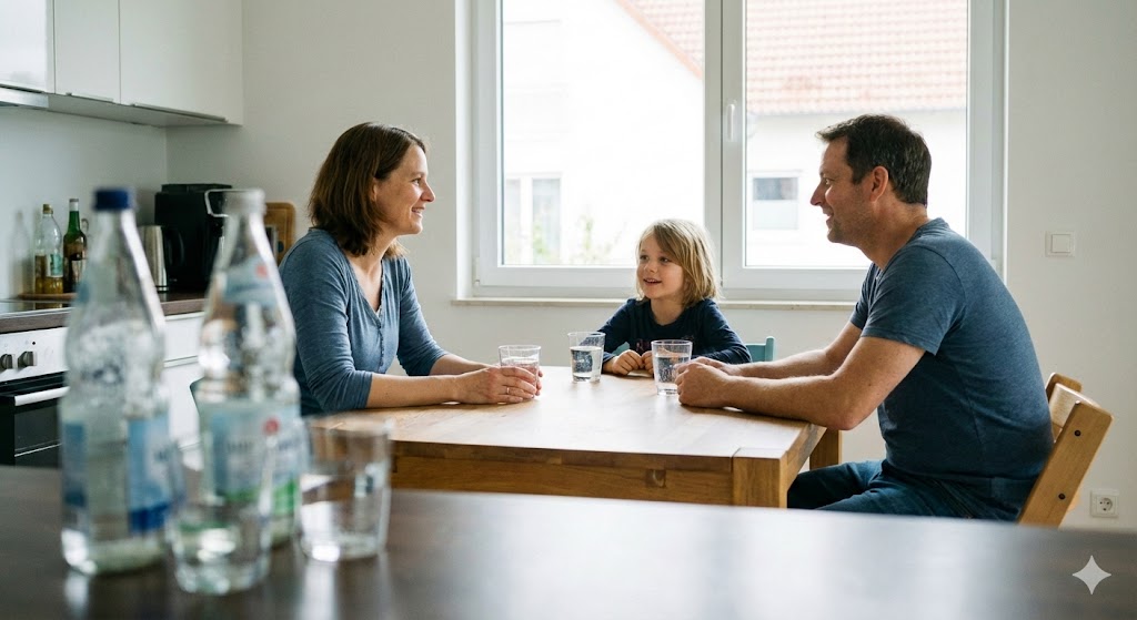 Familie sitzt entspannt am Küchentisch mit Wasserflaschen und Gläsern.