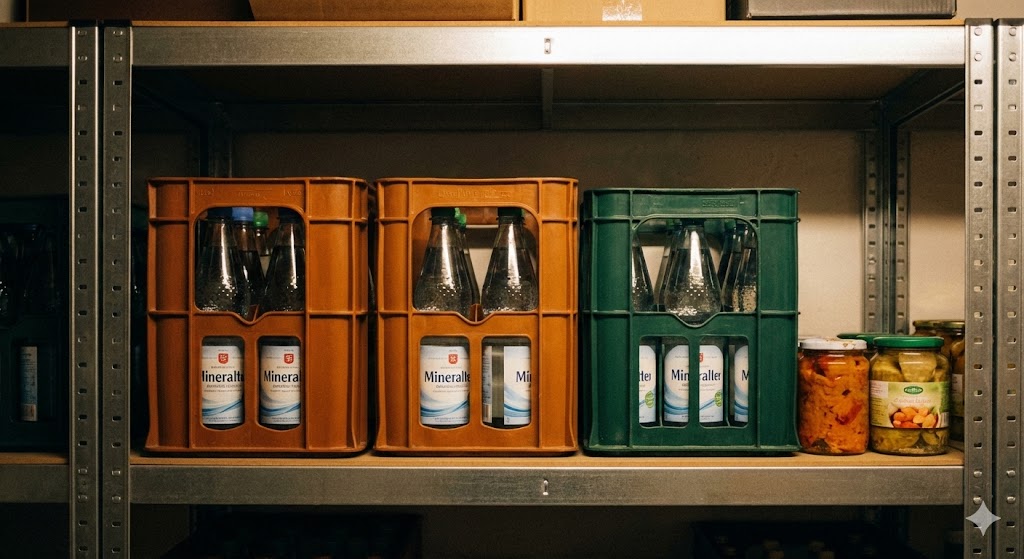 Gestapelte Wasserkästen und Vorräte in einem ordentlichen Kellerregal.