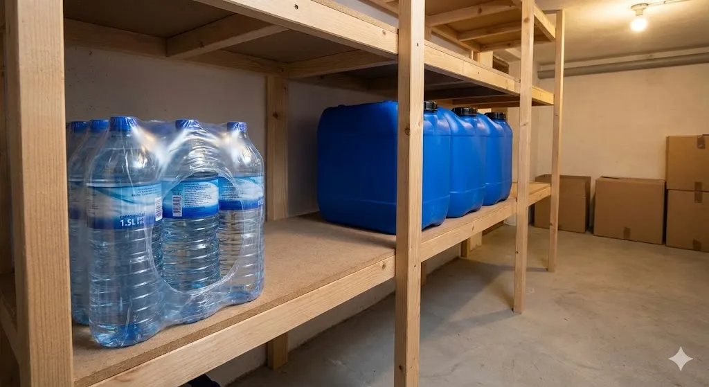 wasservorrat lagerung keller flaschen kanister Ein aufgeräumtes Kellerregal aus Holz mit einem Sixpack PET-Wasserflaschen auf der linken Seite und zwei blauen 20L-Wasserkanistern auf der rechten Seite.