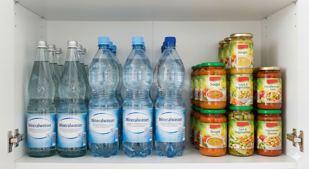 Ein ordentliches Vorratsregal mit Mineralwasserflaschen und Dosenkonserven als eiserne Reserve.