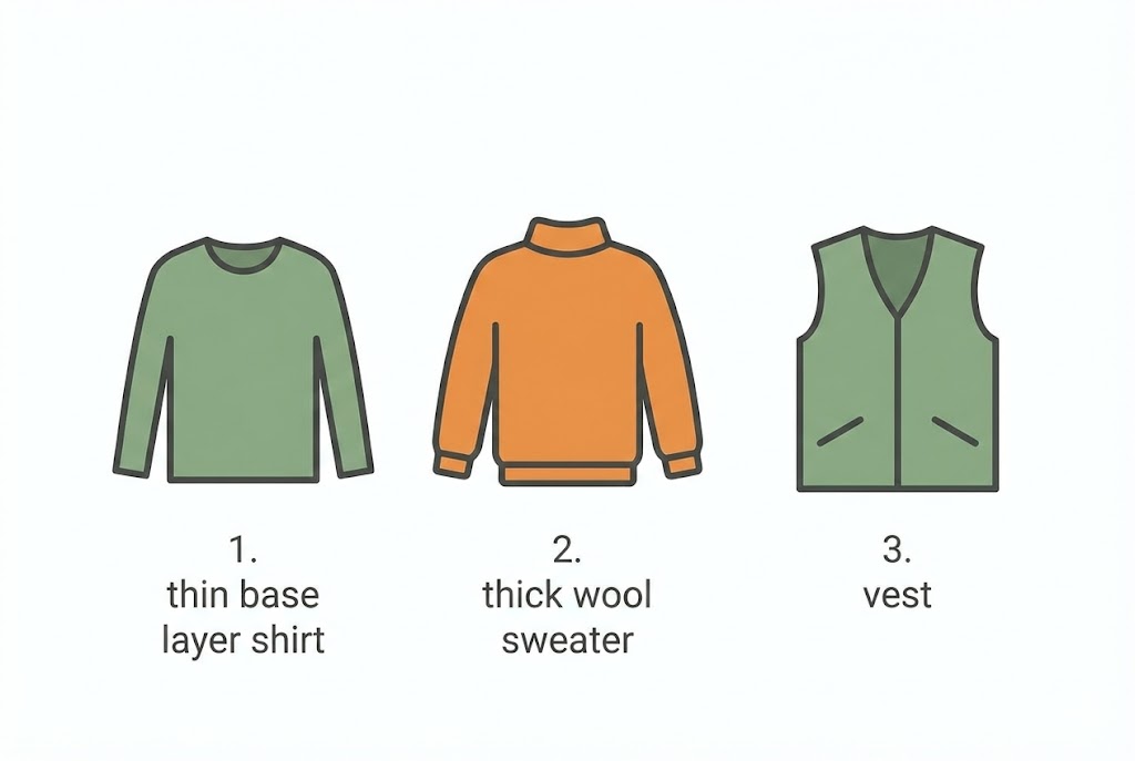 Infografik zum Zwiebelprinzip bei Kleidung: Basisschicht, Isolationsschicht, Außenschicht.