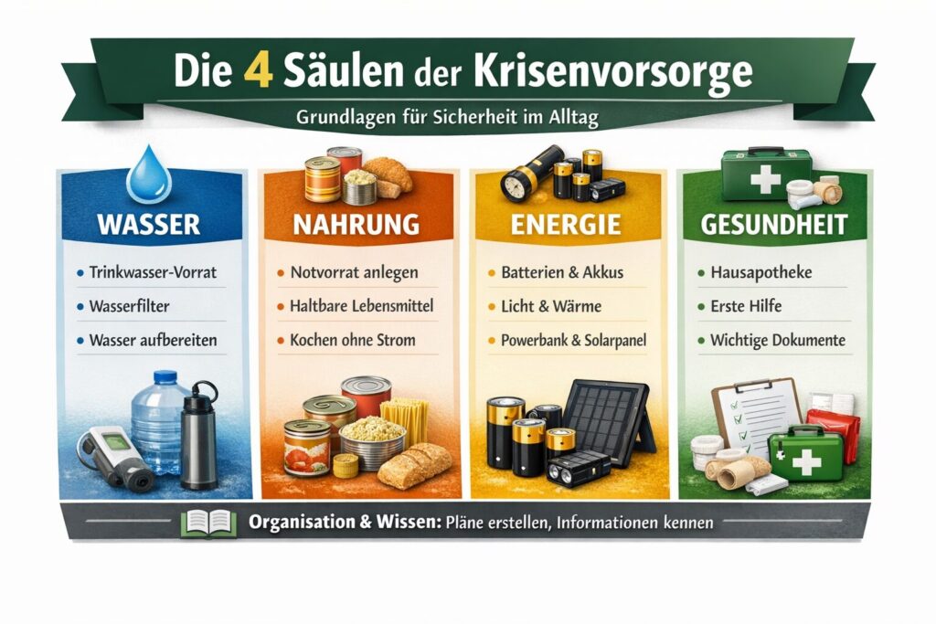 „Infografik: Die 4 Säulen der Krisenvorsorge – Wasser, Nahrung, Energie und Gesundheit als Grundlagen für Notfallvorsorge im Alltag.“